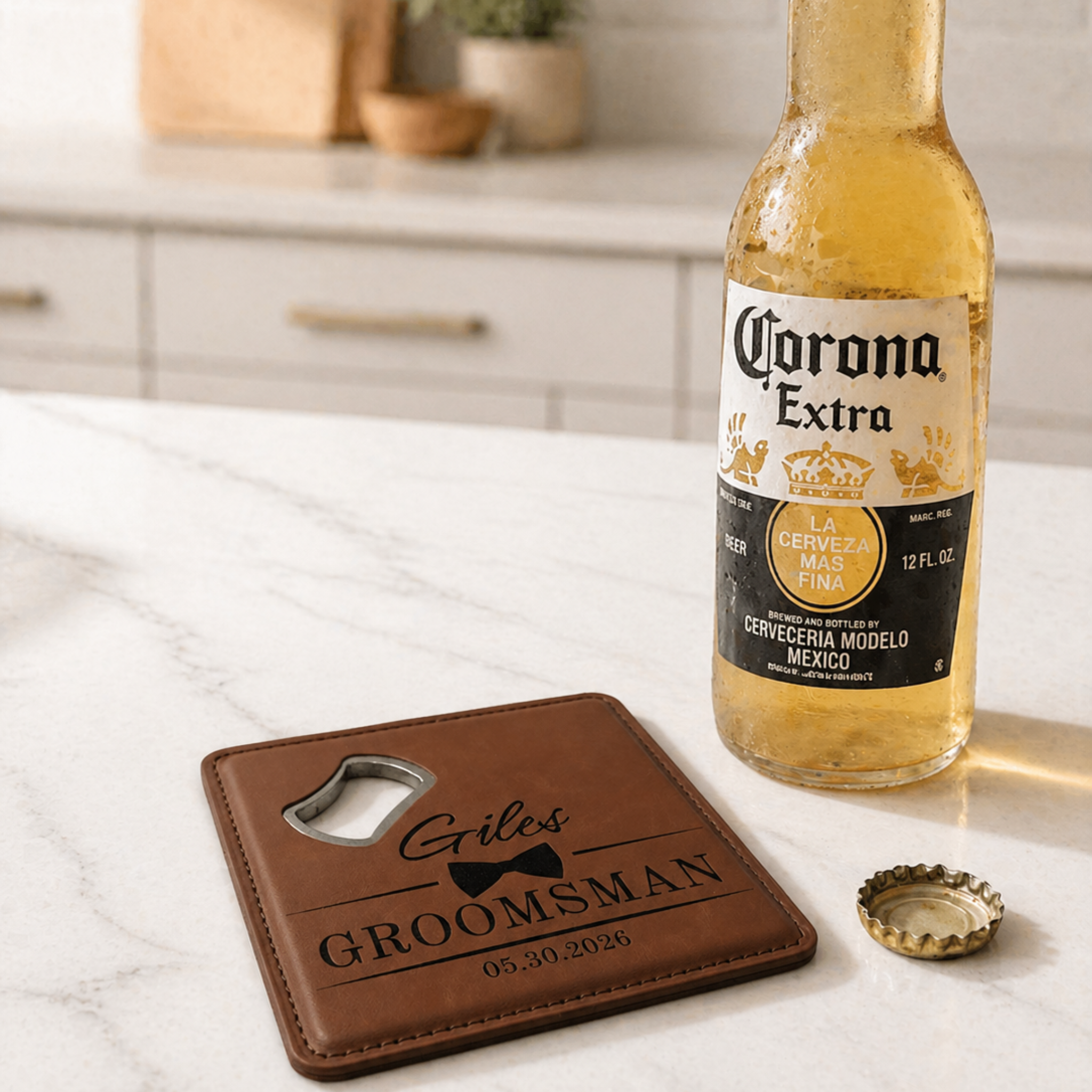 Personalized Leatherette Magnetic Bottle Opener Coaster Gift