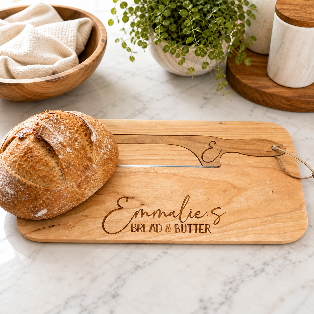 Personalized Bread Board with Bow Knife | Engraved Sourdough Board