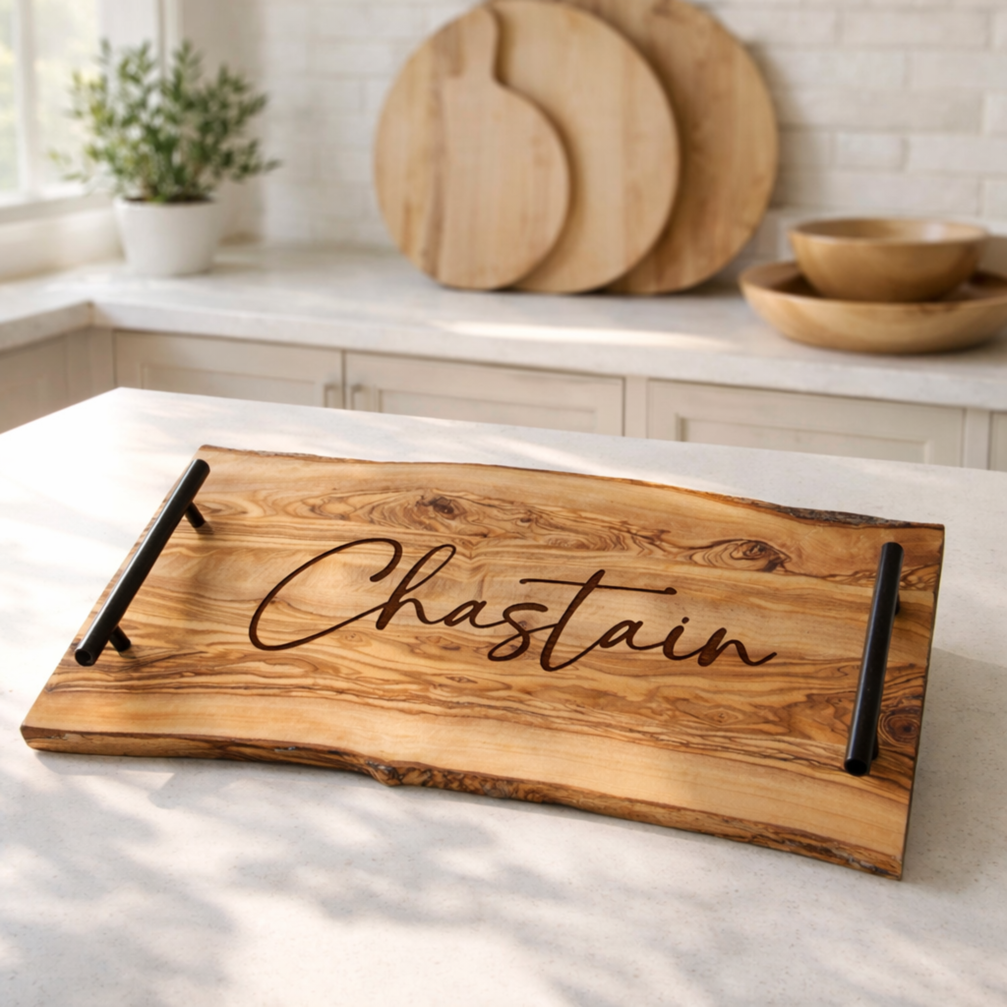Engraved Olive Wood Serving Tray with Handles
