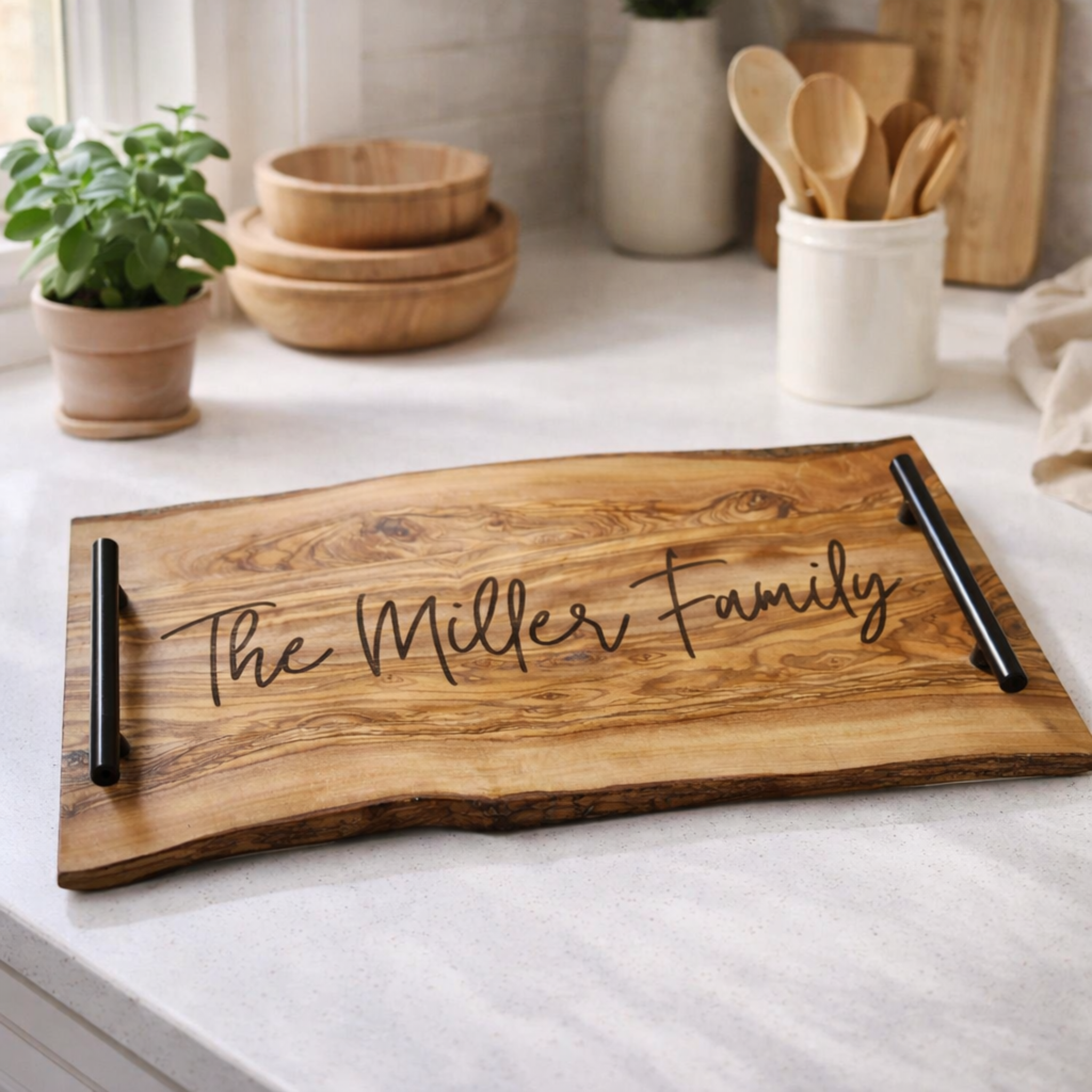 Engraved Olive Wood Serving Tray with Handles