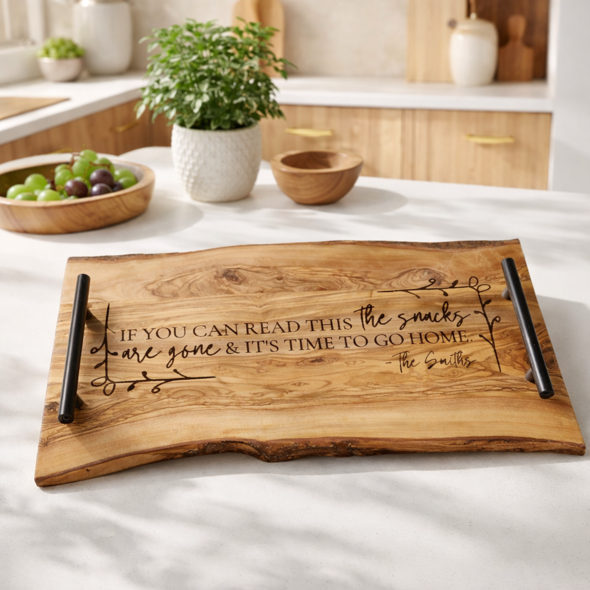 Engraved Olive Wood Serving Tray with Handles