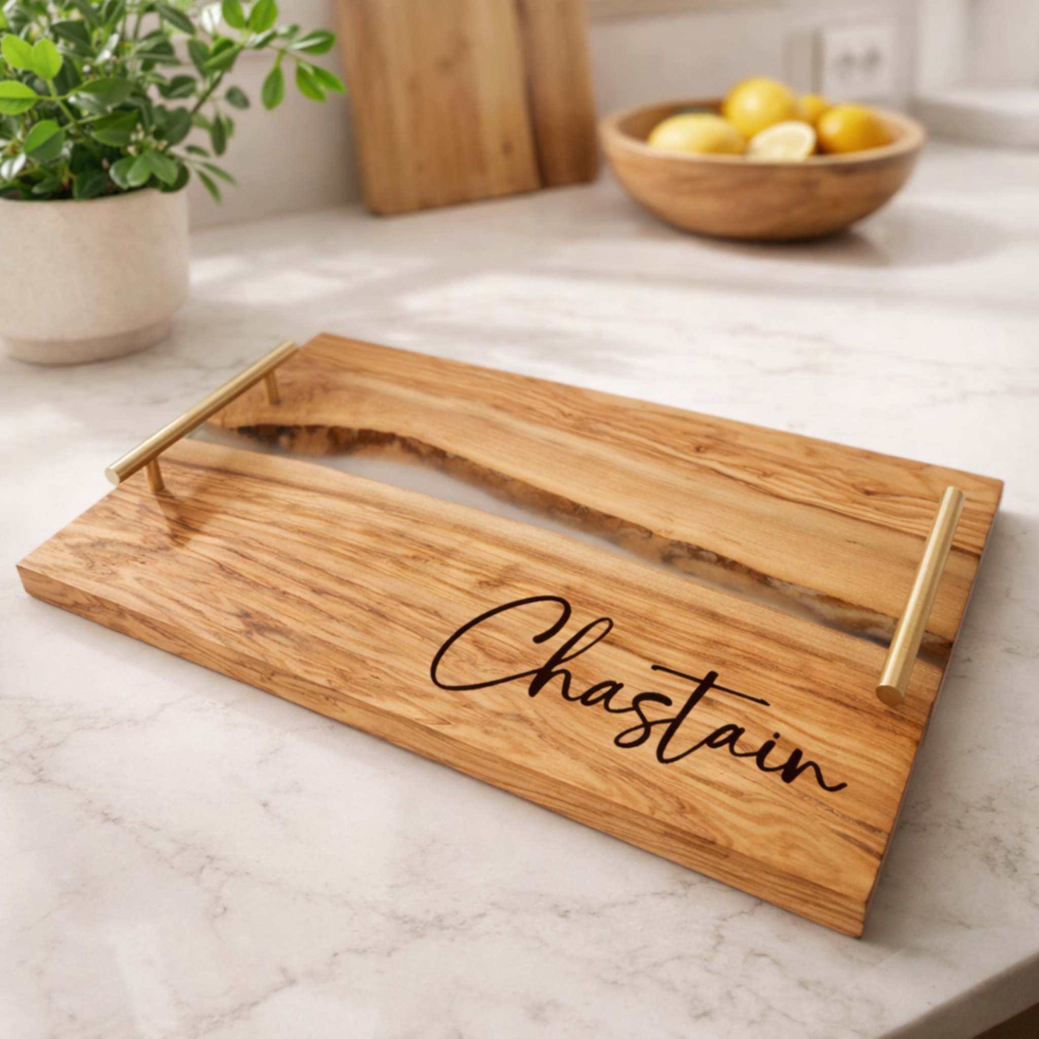Olive Wood Resin Serving Board with Gold Handles