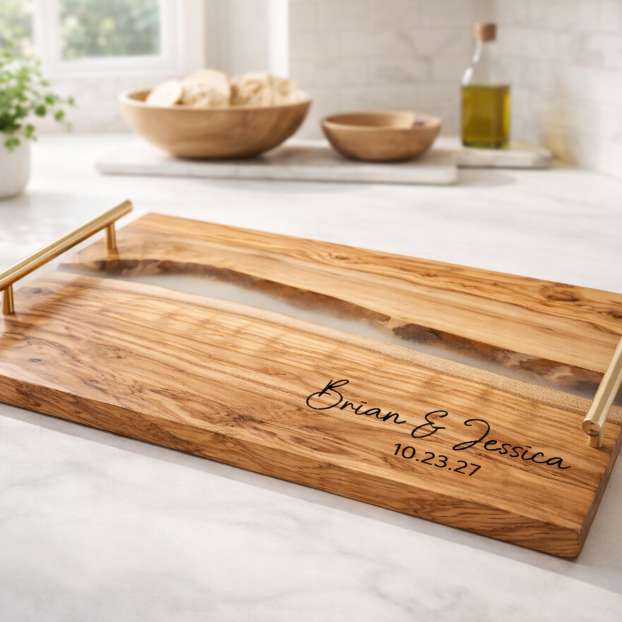 Olive Wood Resin Serving Board with Gold Handles