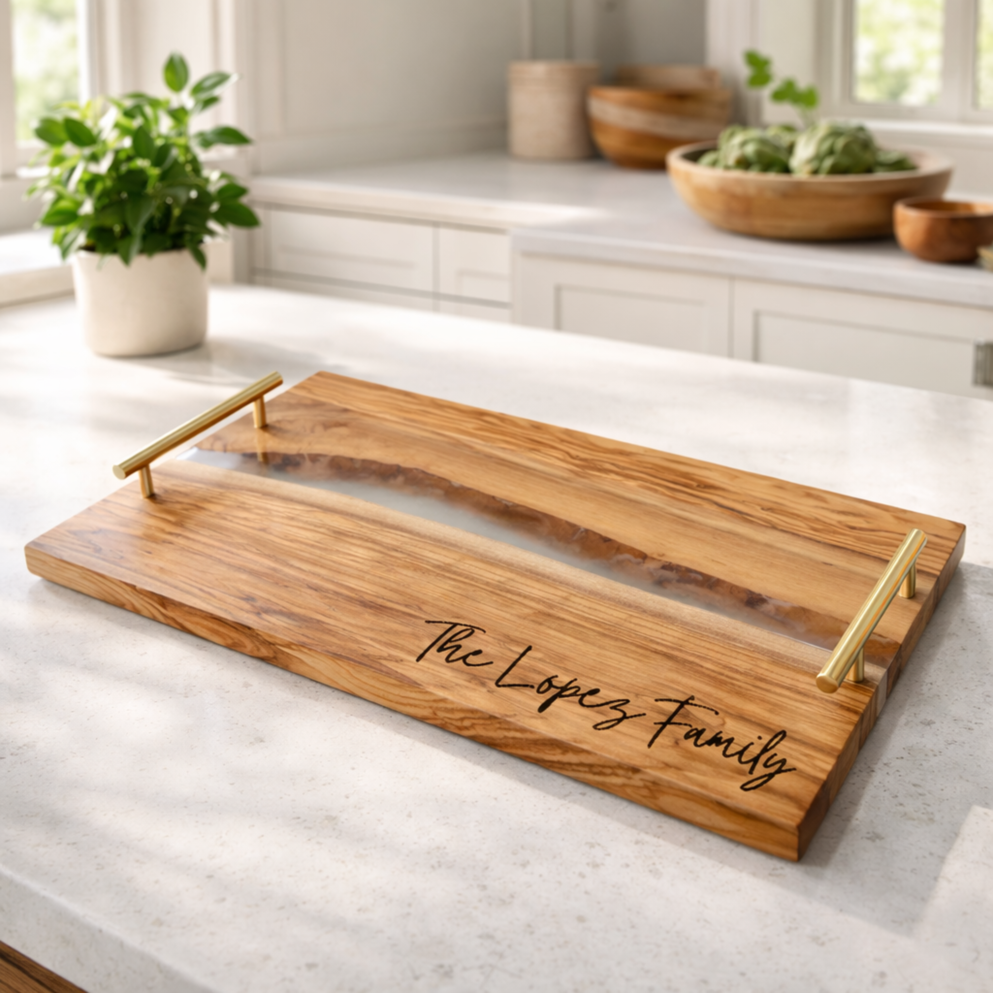 Olive Wood Resin Serving Board with Gold Handles