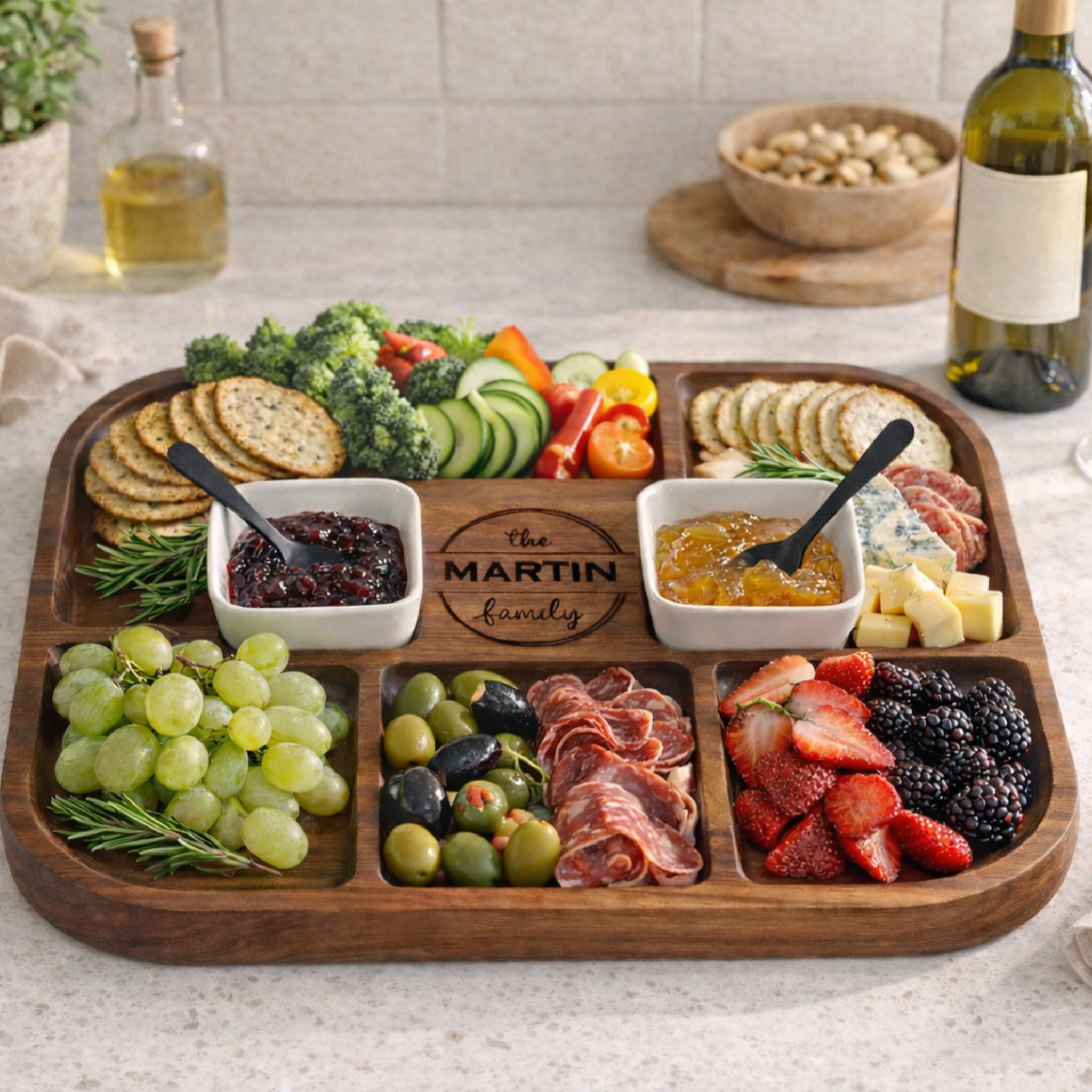 A wooden charcuterie board labeled "The Martin Family" features grapes, berries, olives, meats, cheeses, and crackers, exuding a welcoming and rustic feel.