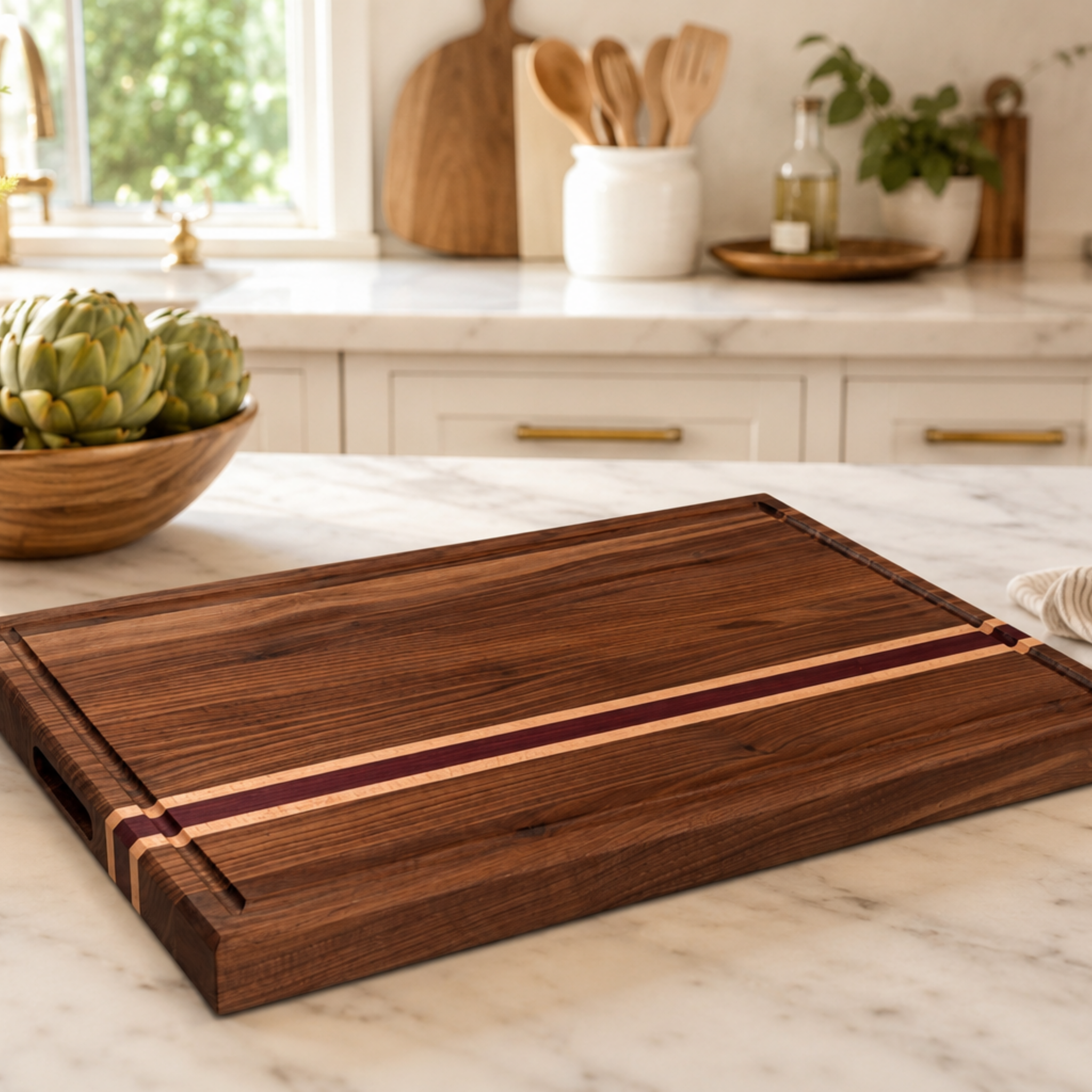 Handcrafted edge grain walnut cutting board with maple and Purple Heart accents
Personalized walnut cutting board with juice groove and finger handles
Luxury walnut cutting board on marble kitchen countertop
Handmade edge grain cutting board crafted in Texas
Premium walnut cutting board for home chefs
Custom engraved walnut cutting board with hardwood inlay
Large personalized walnut cutting board for entertaining
Heirloom-quality walnut cutting board with elegant wood striping