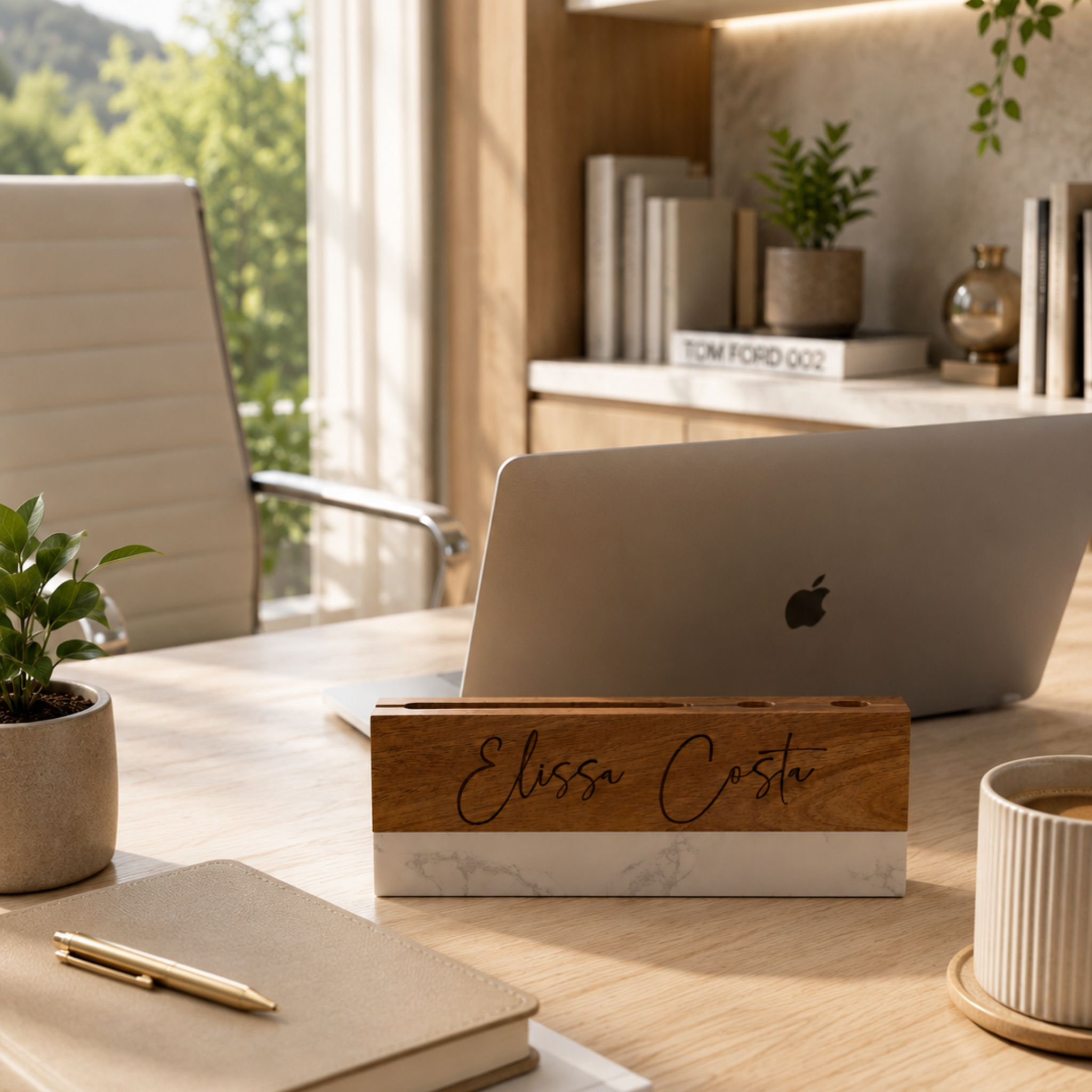 Personalized Acacia Wood & Marble Desk Name Plate Organizer Gift