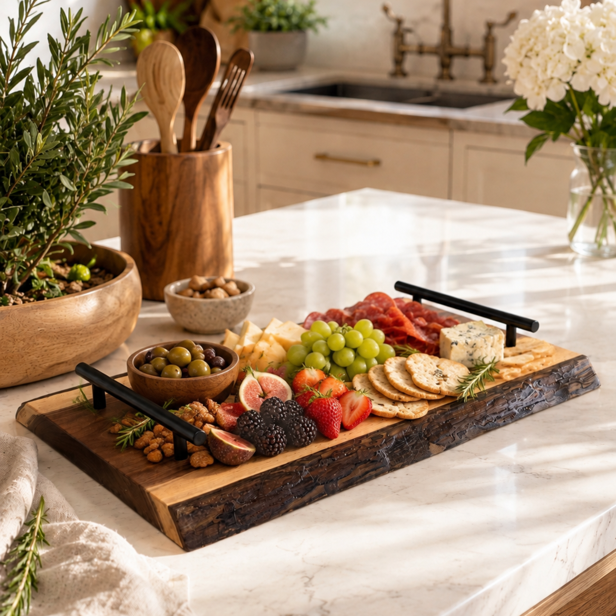 Personalized live edge walnut serving tray with black metal handles
Handcrafted walnut charcuterie serving tray on marble countertop
Live edge walnut serving board for entertaining
Wooden serving tray with black handles and charcuterie spread
Engraved walnut serving tray made in Texas
Premium walnut serving platter with natural live edge
Personalized charcuterie tray for home entertaining
Solid walnut serving tray with custom laser engraving