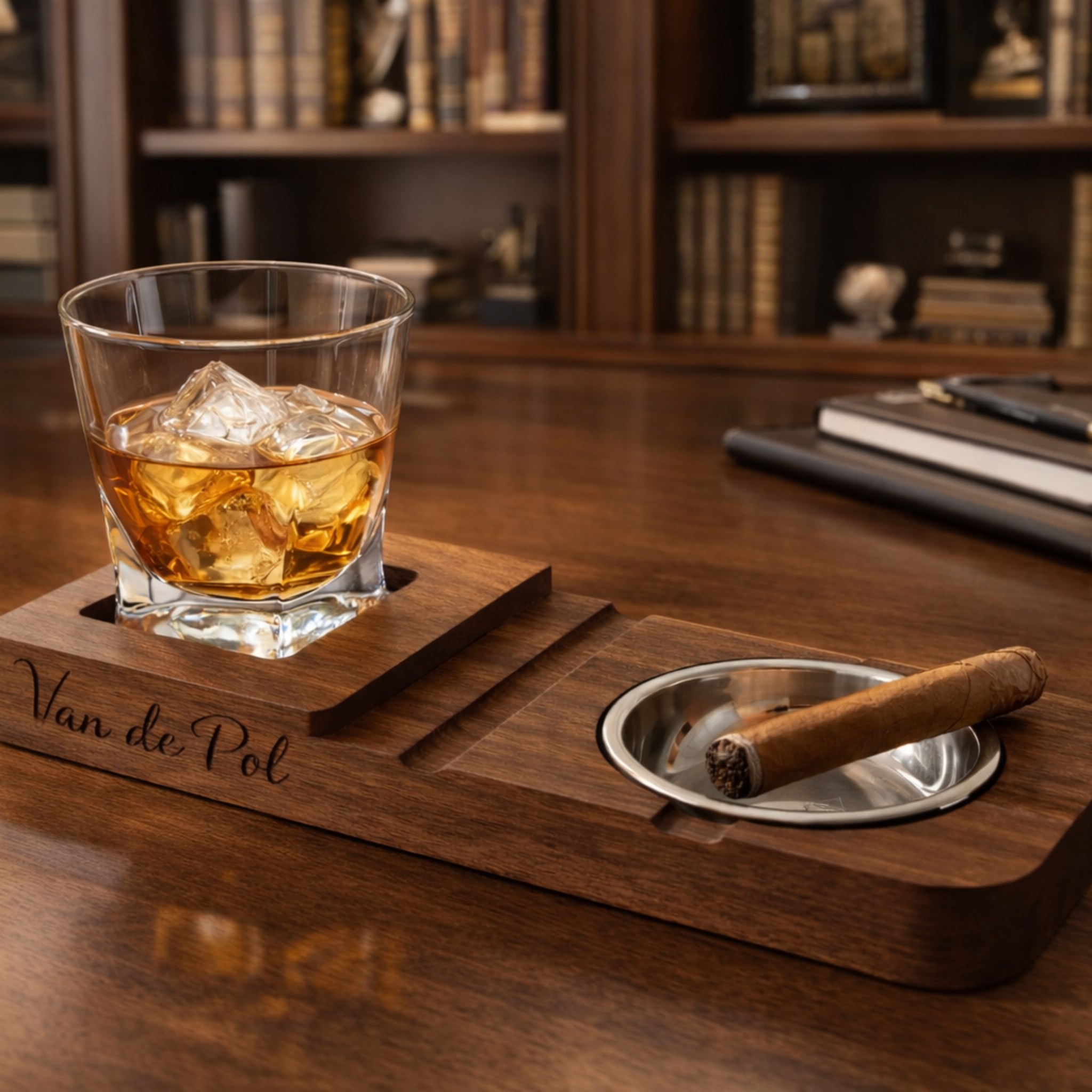 Personalized Walnut Whiskey Coaster & Cigar Ashtray Set