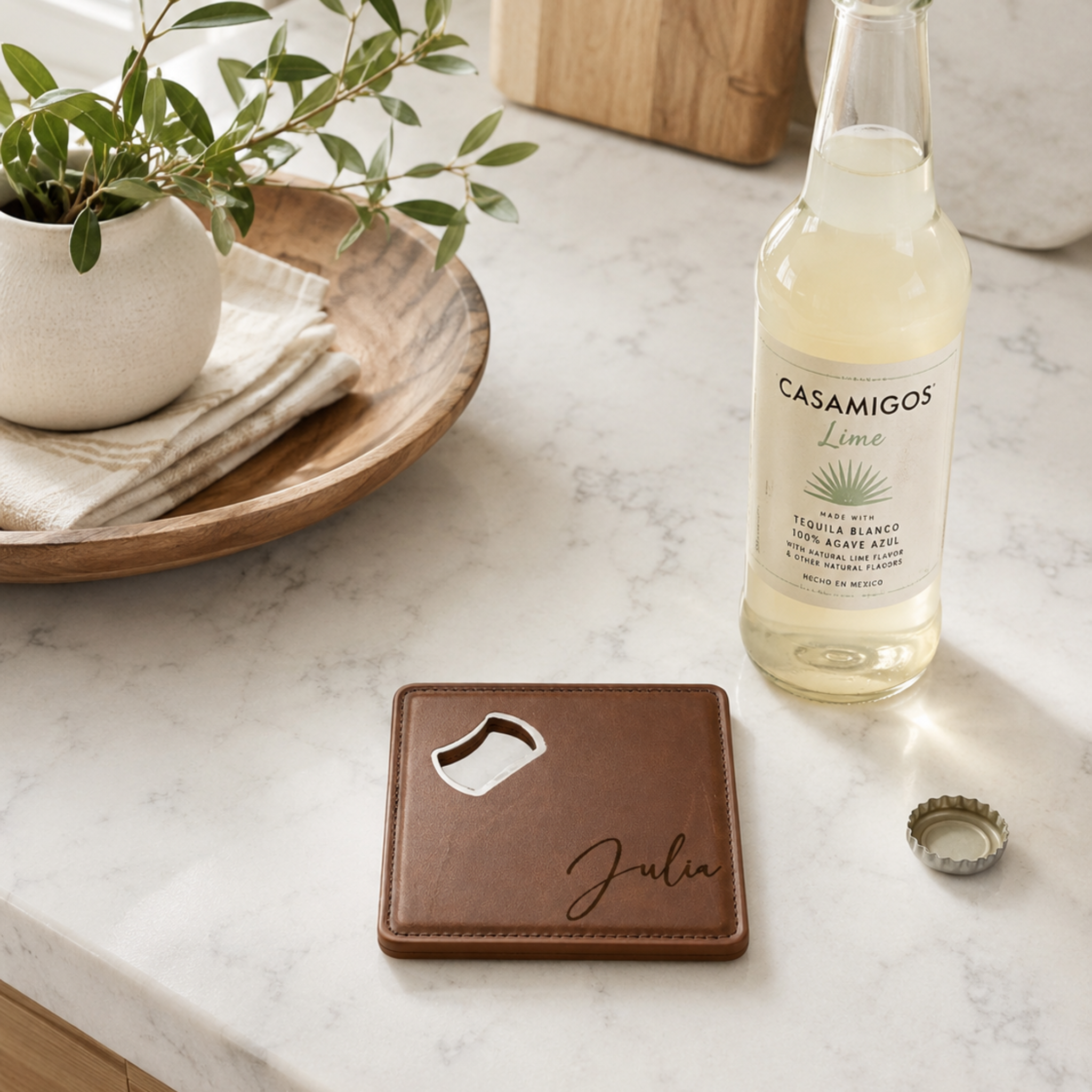 Personalized Leatherette Magnetic Bottle Opener Coaster Gift