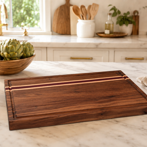 Close view of a walnut edge grain cutting board with juice groove and colorful hardwood accent stripes