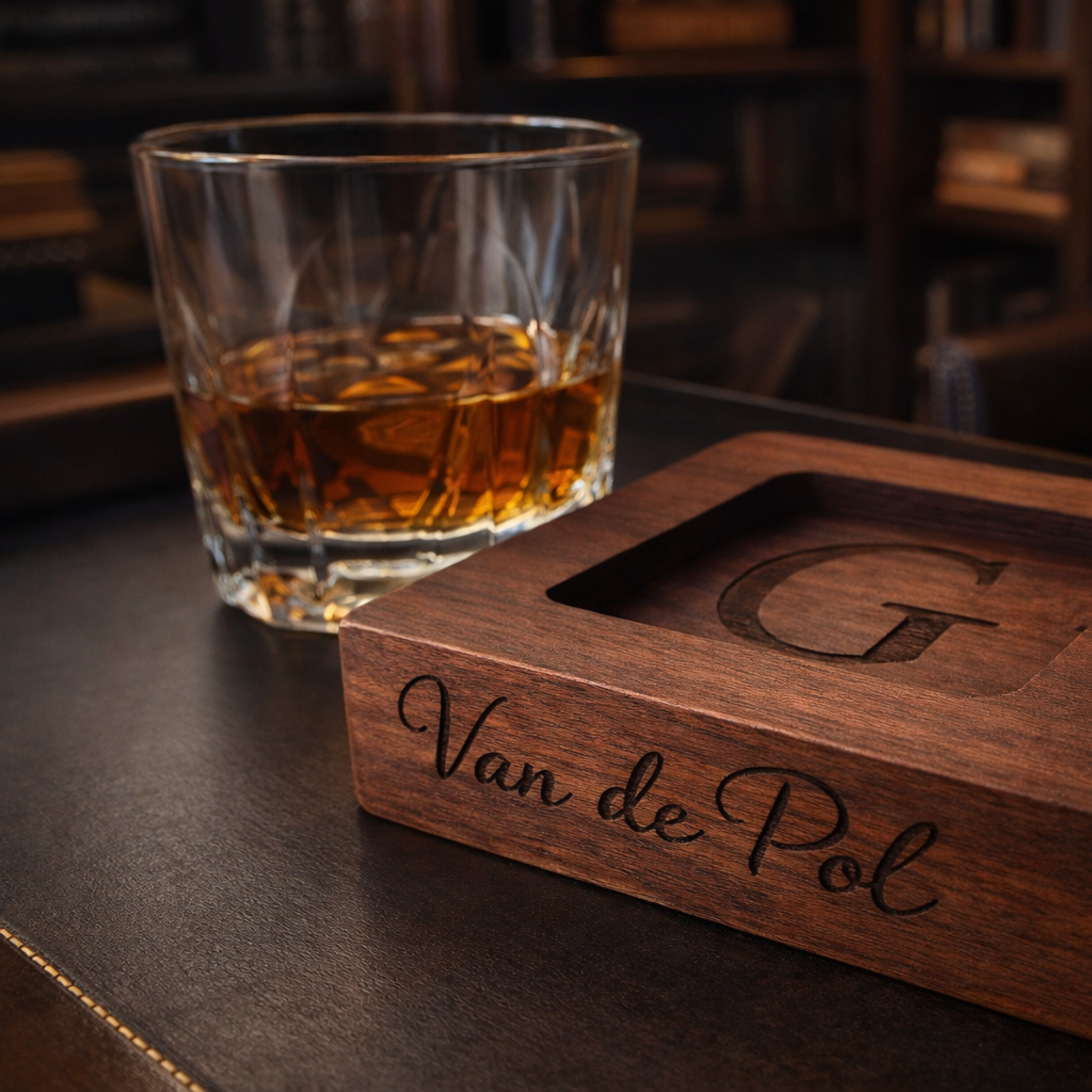 Personalized Walnut Whiskey Coaster & Cigar Ashtray Set
