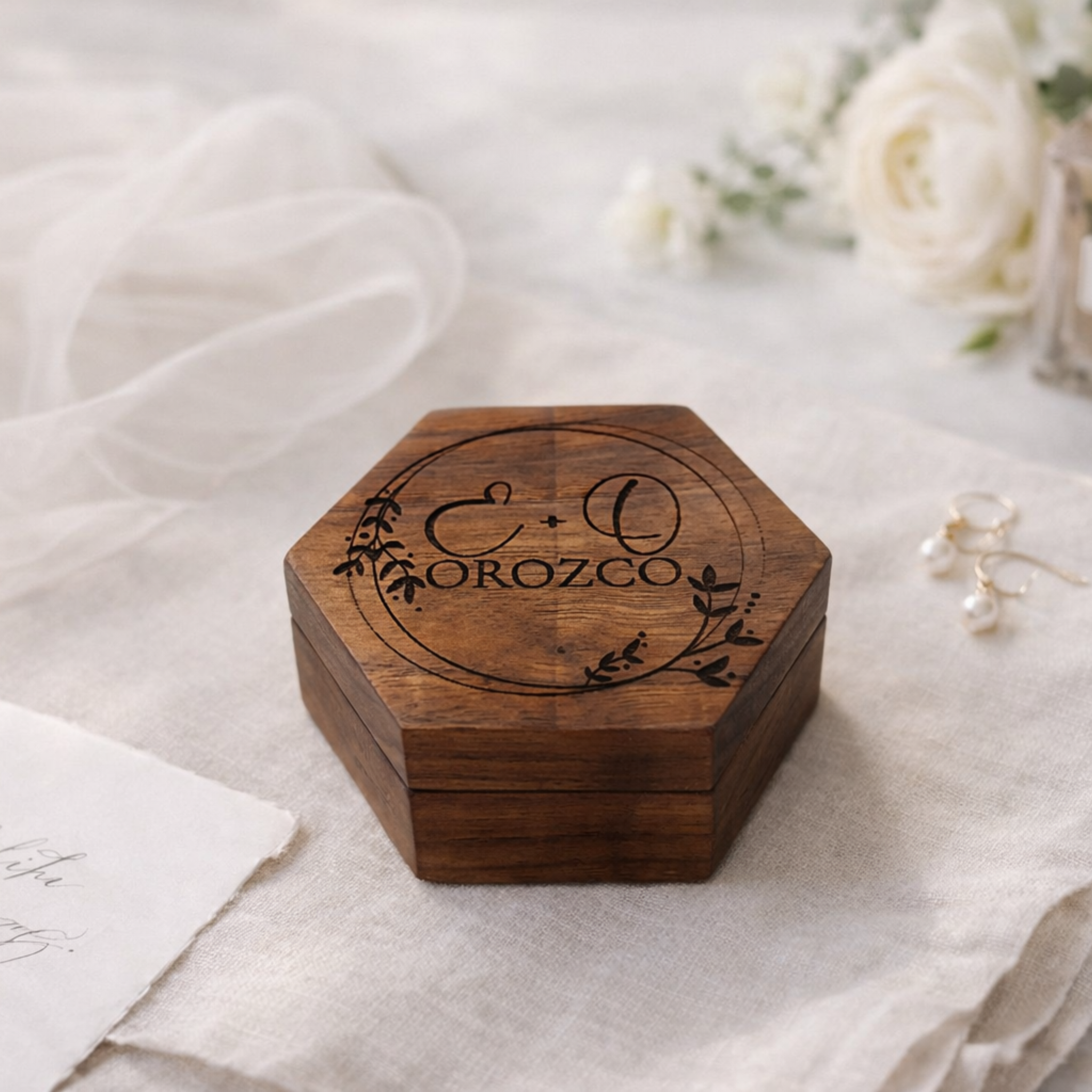 Personalized Hexagon Walnut Ring Box | Custom Wedding Ring Holder Gift