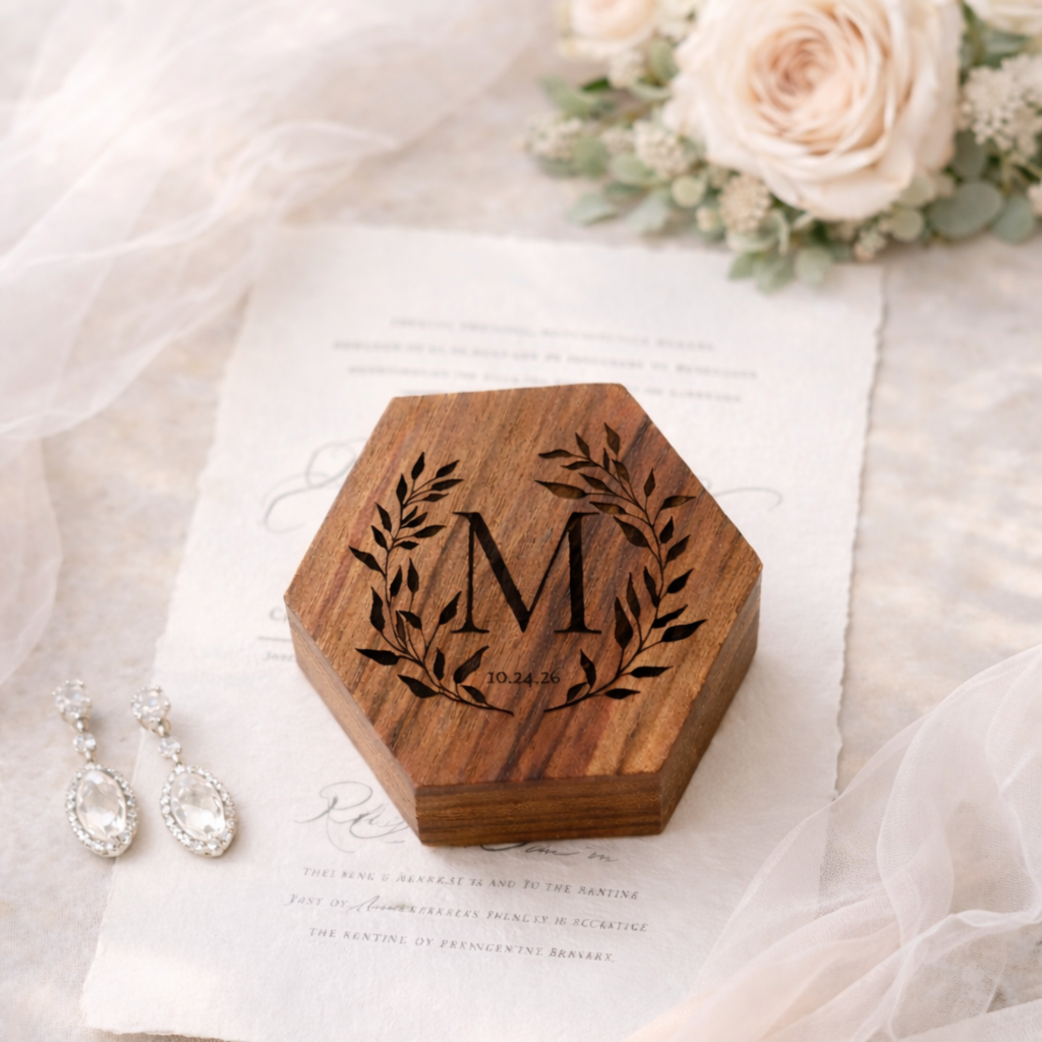 Personalized Hexagon Walnut Ring Box | Custom Wedding Ring Holder Gift