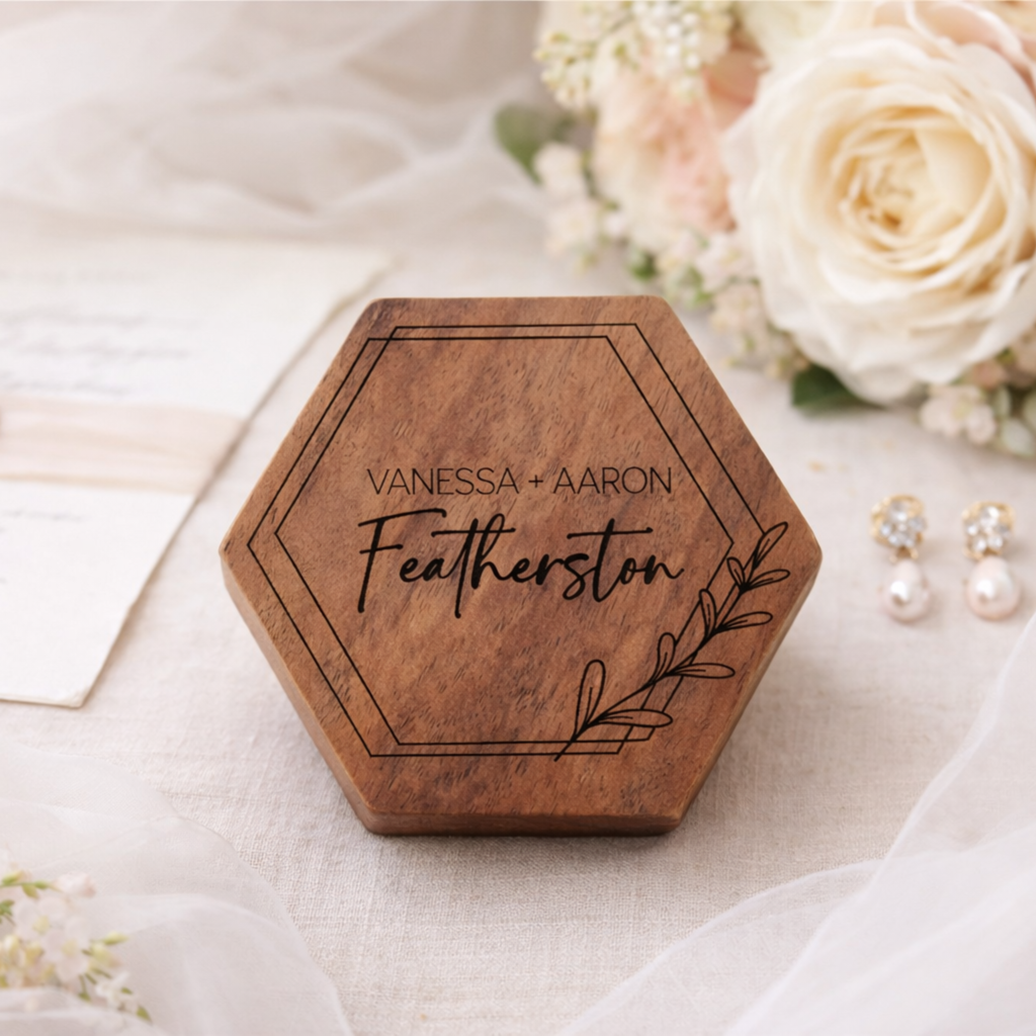 Personalized Hexagon Walnut Ring Box | Custom Wedding Ring Holder Gift