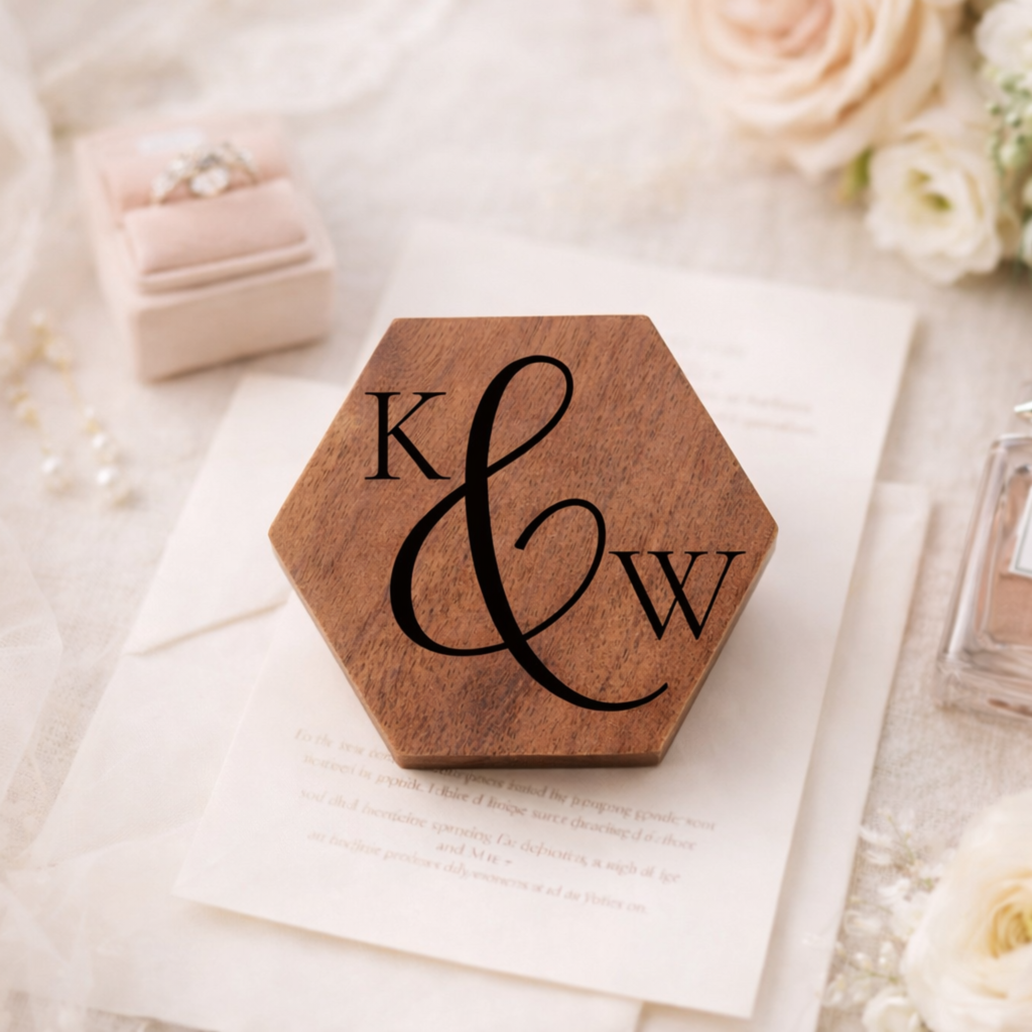 Personalized Hexagon Walnut Ring Box | Custom Wedding Ring Holder Gift