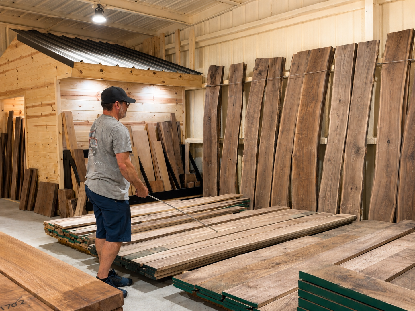 Tom selecting hardwood for handcrafted pieces made by Mitchabout + Co.
